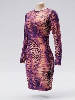 Purple Animal-Print Long-Sleeve Sheath Dress